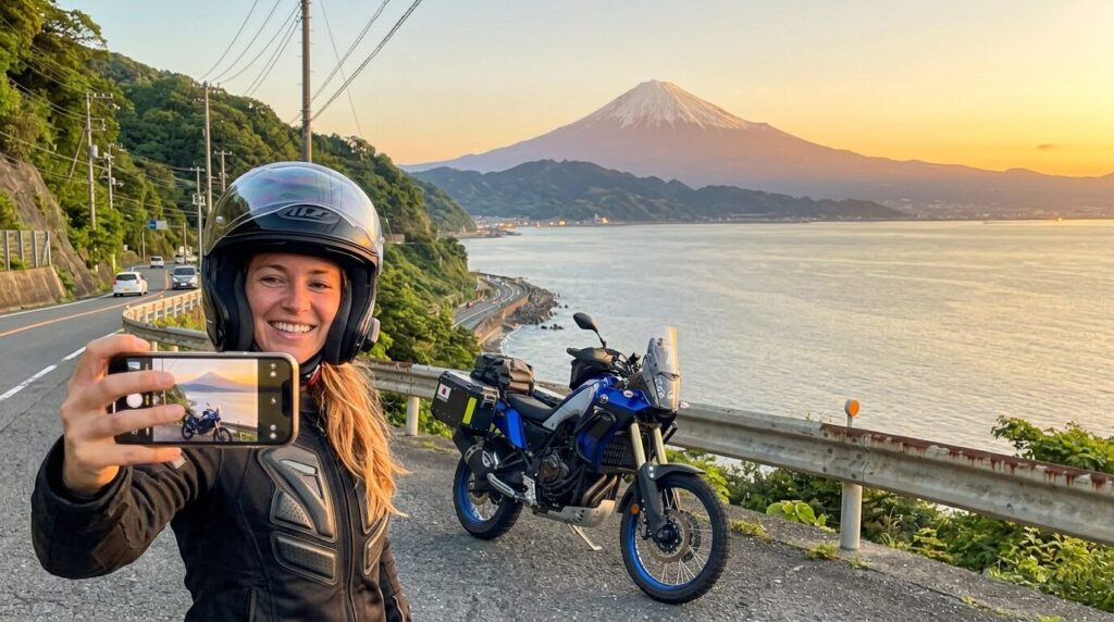 rider taking selfie with motorcycle on scenic road in Japan
