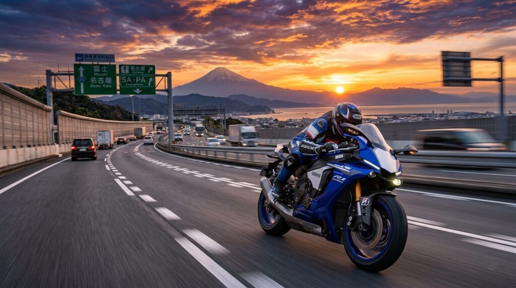 Yamaha R1 on a Japanese expressway at sunset