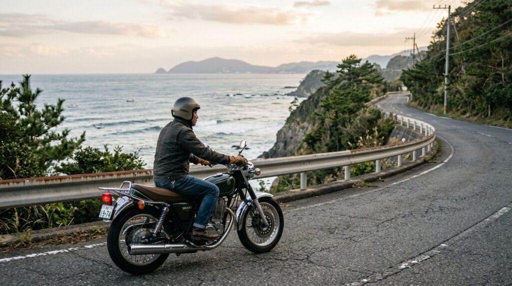 Yamaha SR400 riding along Shizuoka coastal road